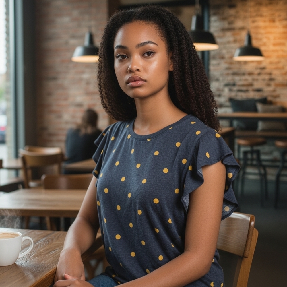 Ann Taylor Navy Blue Top with Yellow Dots